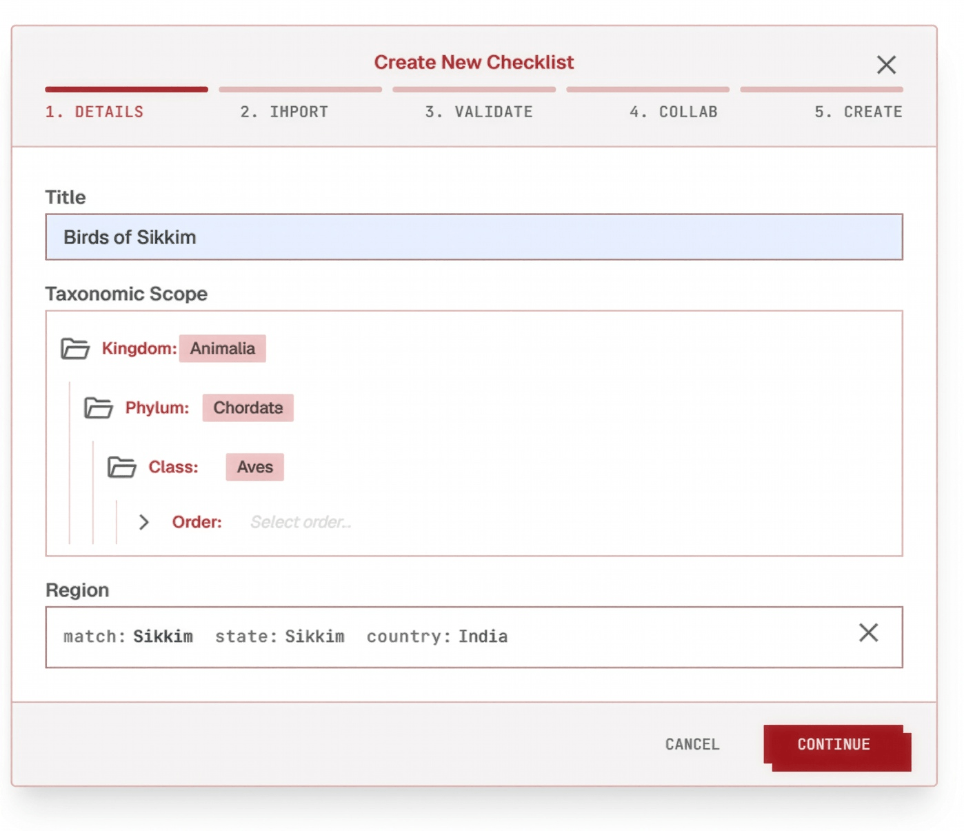The Details step of the checklist creation wizard, with title, taxonomic scope, and region fields
