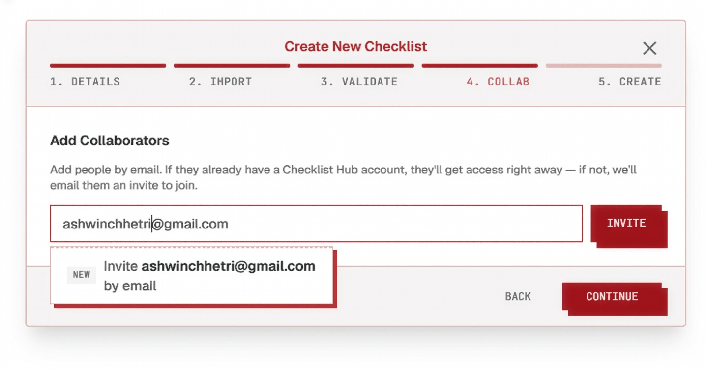 The Collab step's Add Collaborators field with an email typed in and an invite suggestion in the dropdown