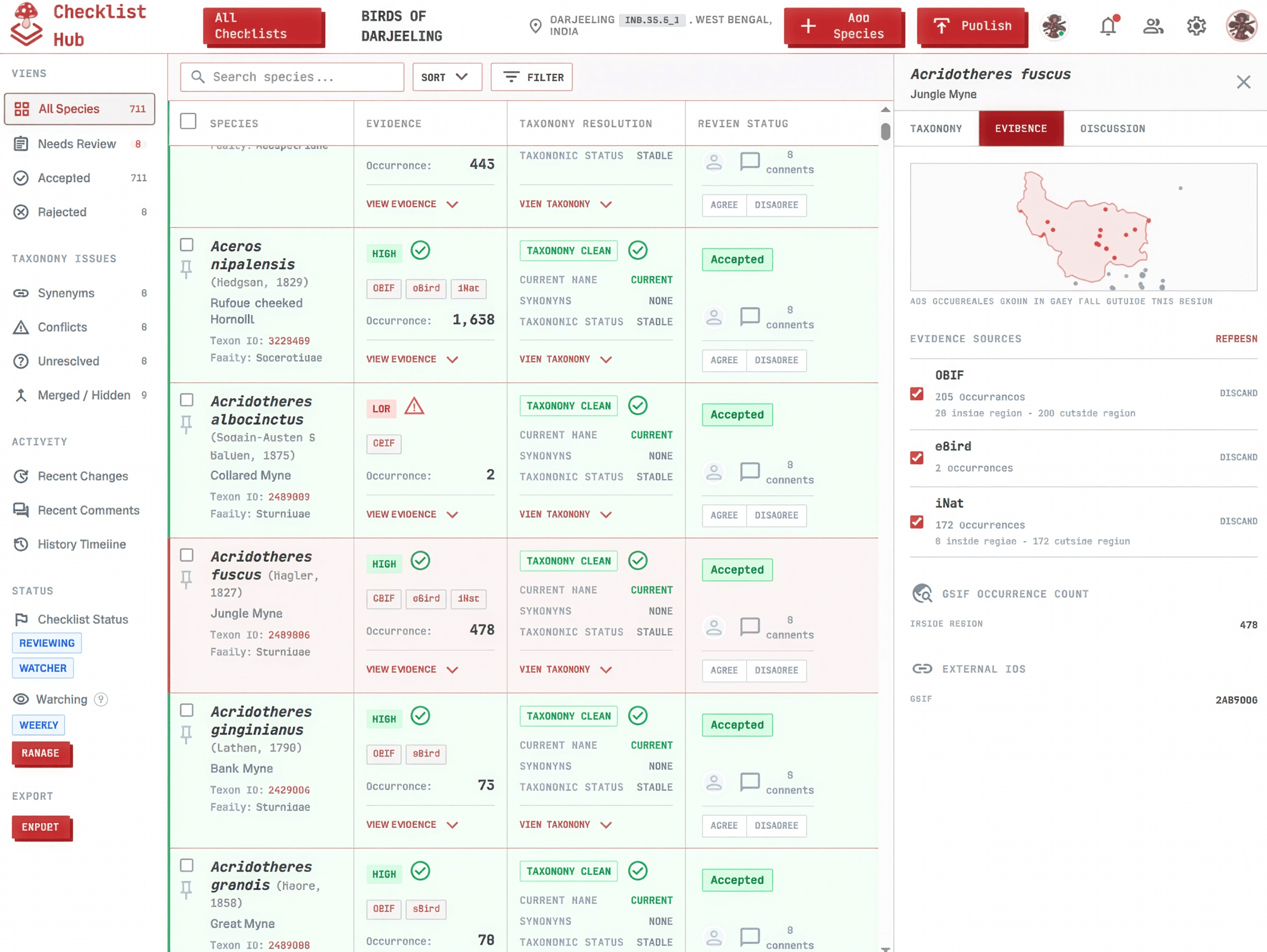 The Evidence tab showing an occurrence map, per-source occurrence counts, and discard toggles