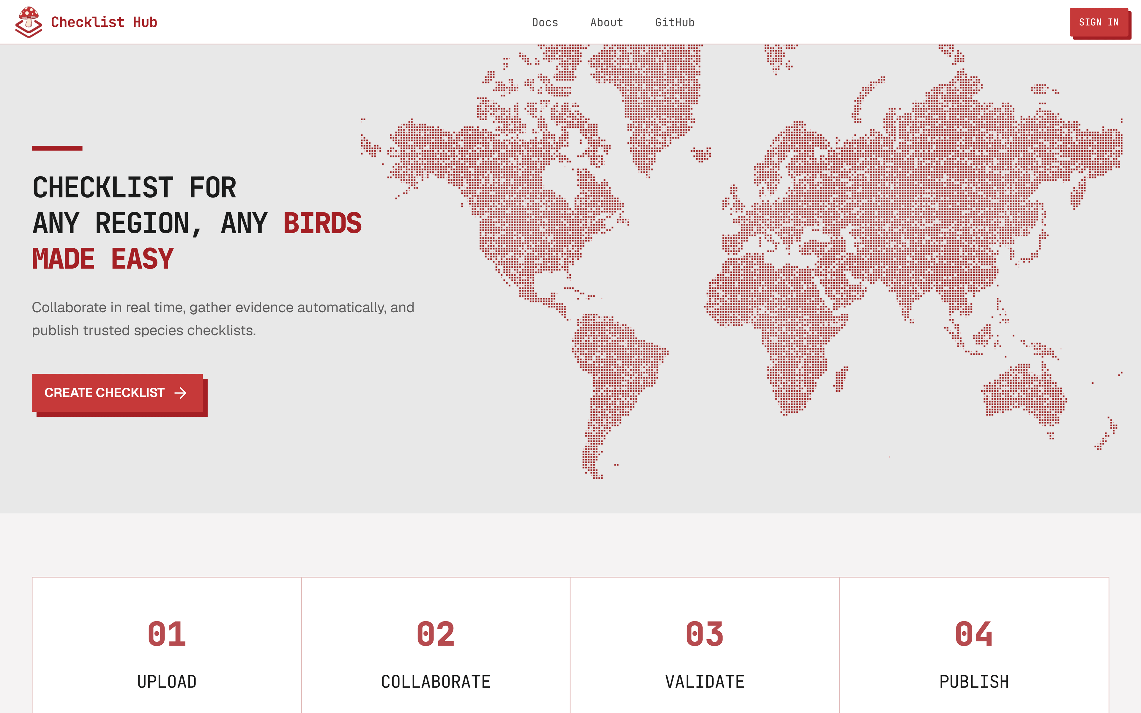Checklist Hub landing page, with Sign In in the top right and Create Checklist below the headline